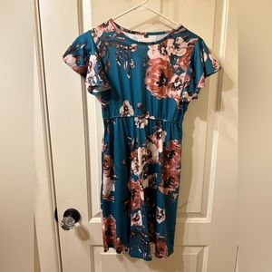 Teal girls dress with pink flowers Amazon Size XL